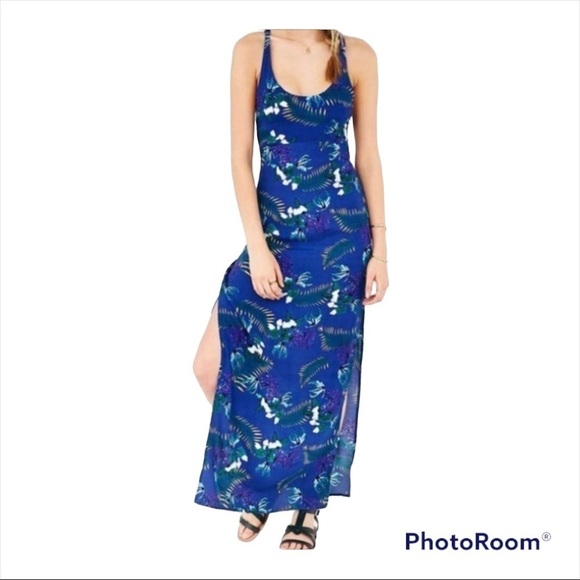 FOR LOVE & LEMONS Blue Tropical Print Racerback Open Back Maxi Dress XS - Picture 2 of 8